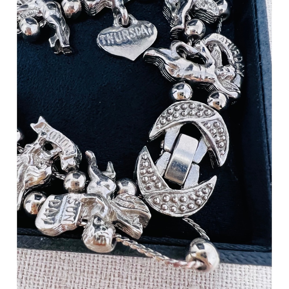 Vintage Silver Tone Days of the Week Cherub Angel Celestial Heart Charm Bracelet - Picture 7 of 11
